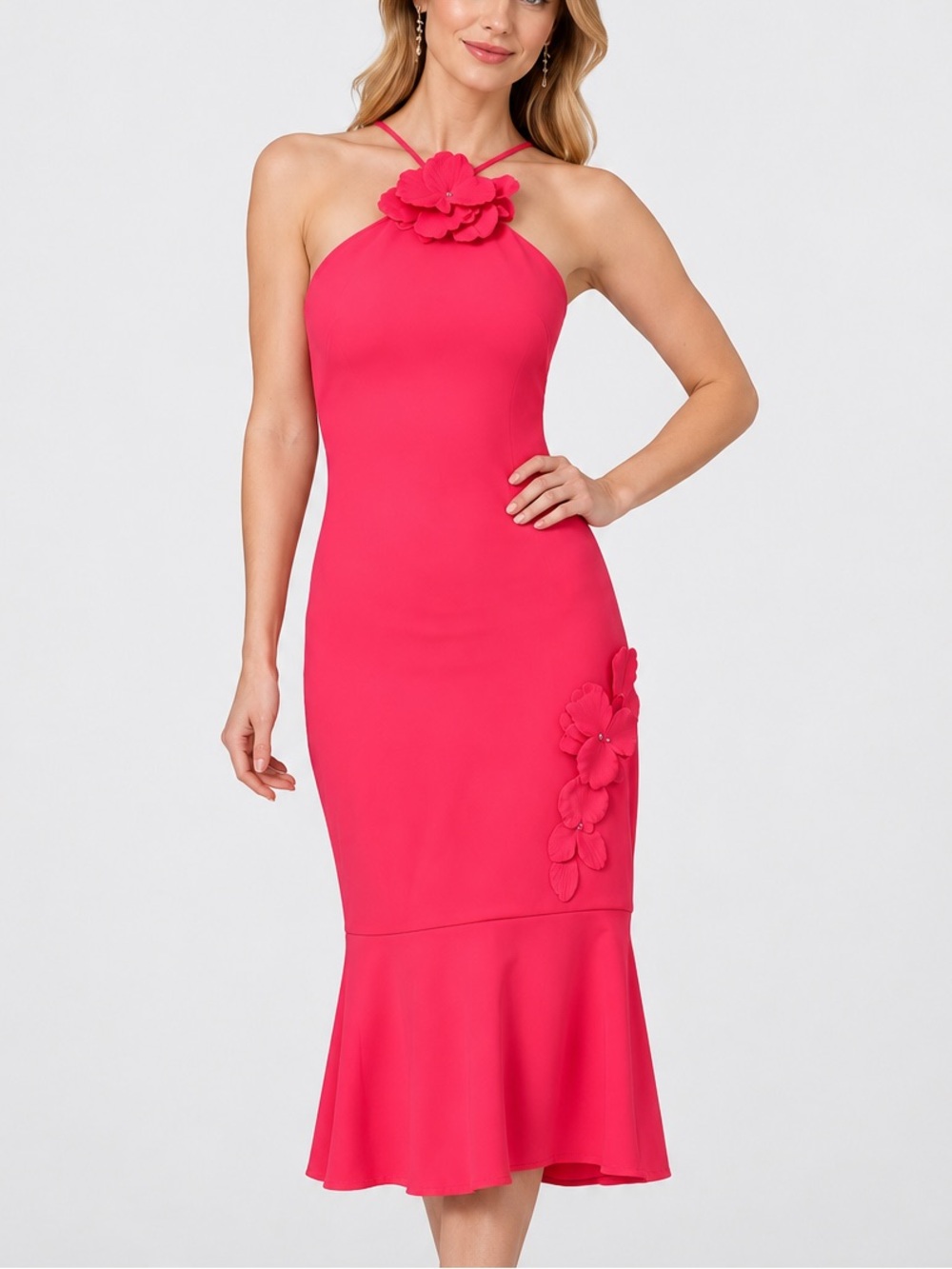 🆕🌷Adrianna Papell Size 6 Hot Pink Floral Appliqué Halter Mermaid Midi Dress